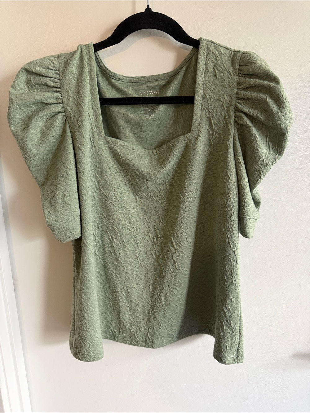 Nine West Olive Green Puff Sleeve Square Neck Blouse